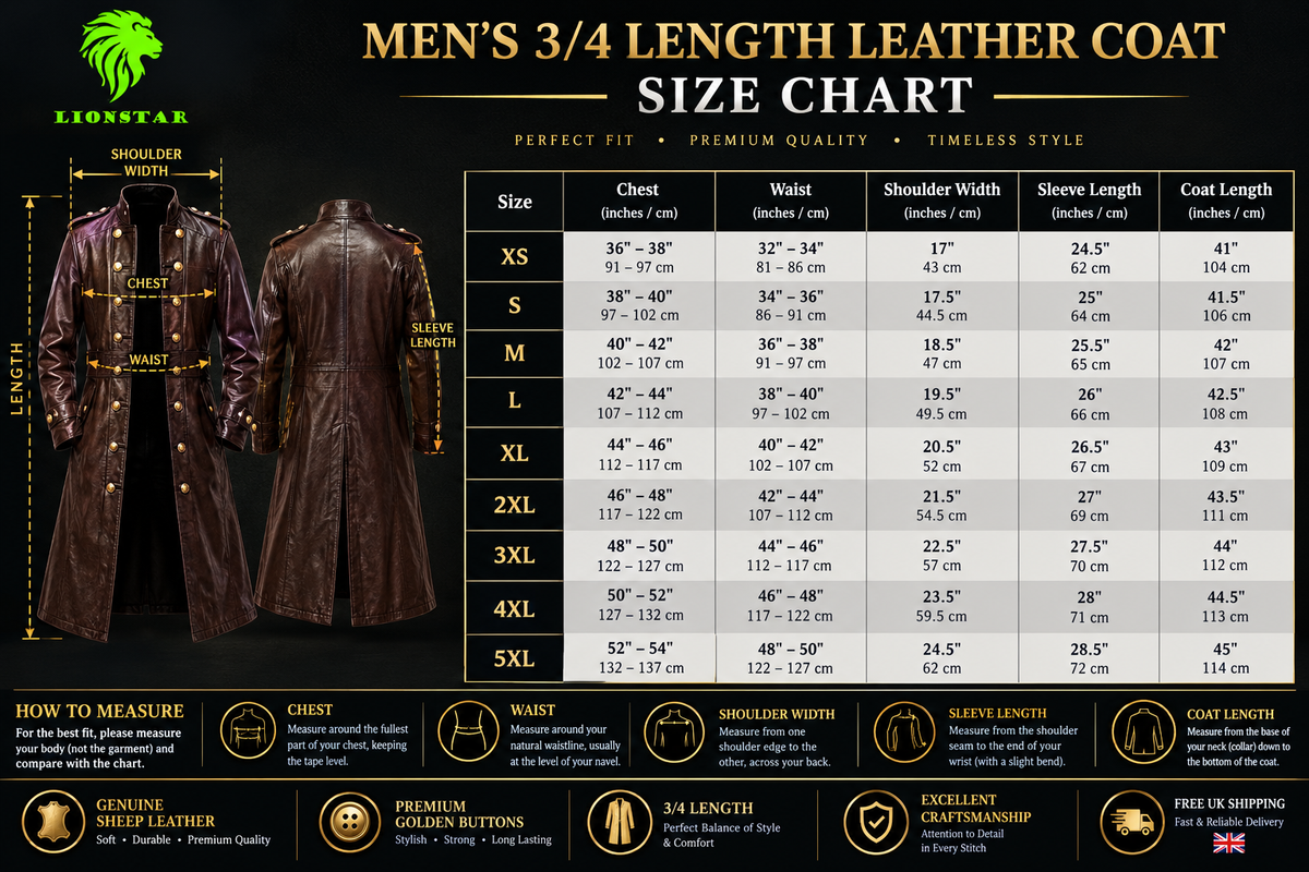 Lionstar Genuine Sheep Leather Long 3/4 Length Coat Men's Black Brown
