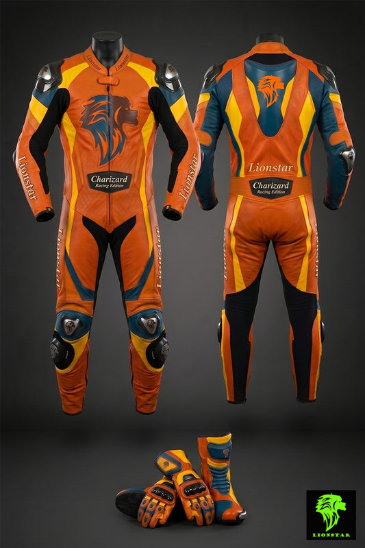Orange and black motorcycle racing suit with Lionstar and Charizard branding on a dark background.