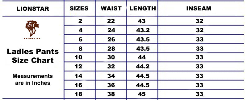 Ladies Pants Size Chart