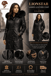 Ladies Nappa Leather Coat Detachable Fur Hood 3/4 Length Handmade Black