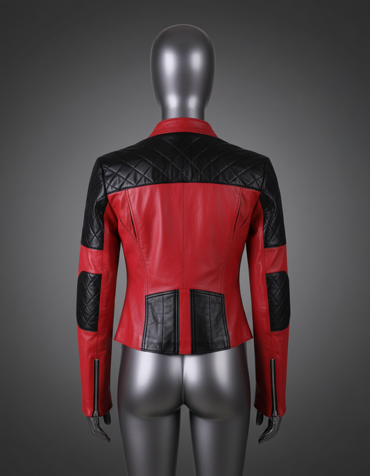 Red and black quilted leather jacket on a mannequin against a gray background