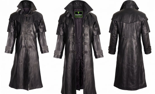 Three views of a long black real leather trench coat on a white background, showing front, open-front, and back views. A green 'LancerWar' brand label is visible inside the collar of the center view.