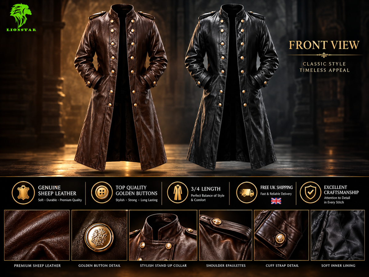 Lionstar Genuine Sheep Leather Long 3/4 Length Coat Men's Black Brown