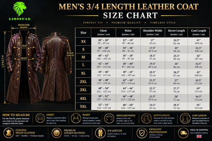Lionstar Genuine Sheep Leather Long 3/4 Length Coat Men's Black Brown