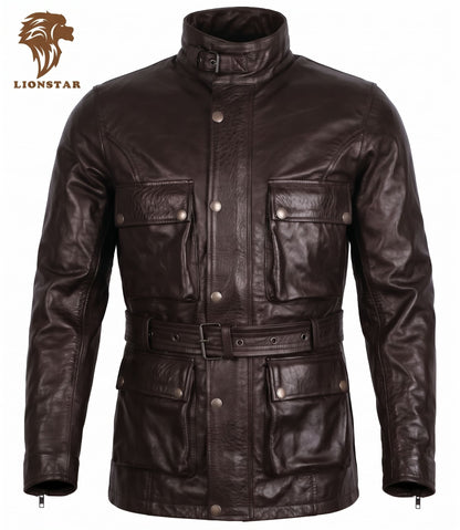 Men Biker Coat Brown Front Side