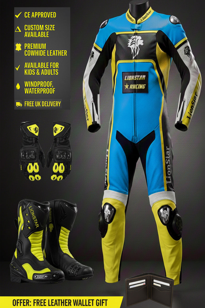 Motorcycle racing suit with gloves and boots on a dark background, featuring Lionstar Racing branding.