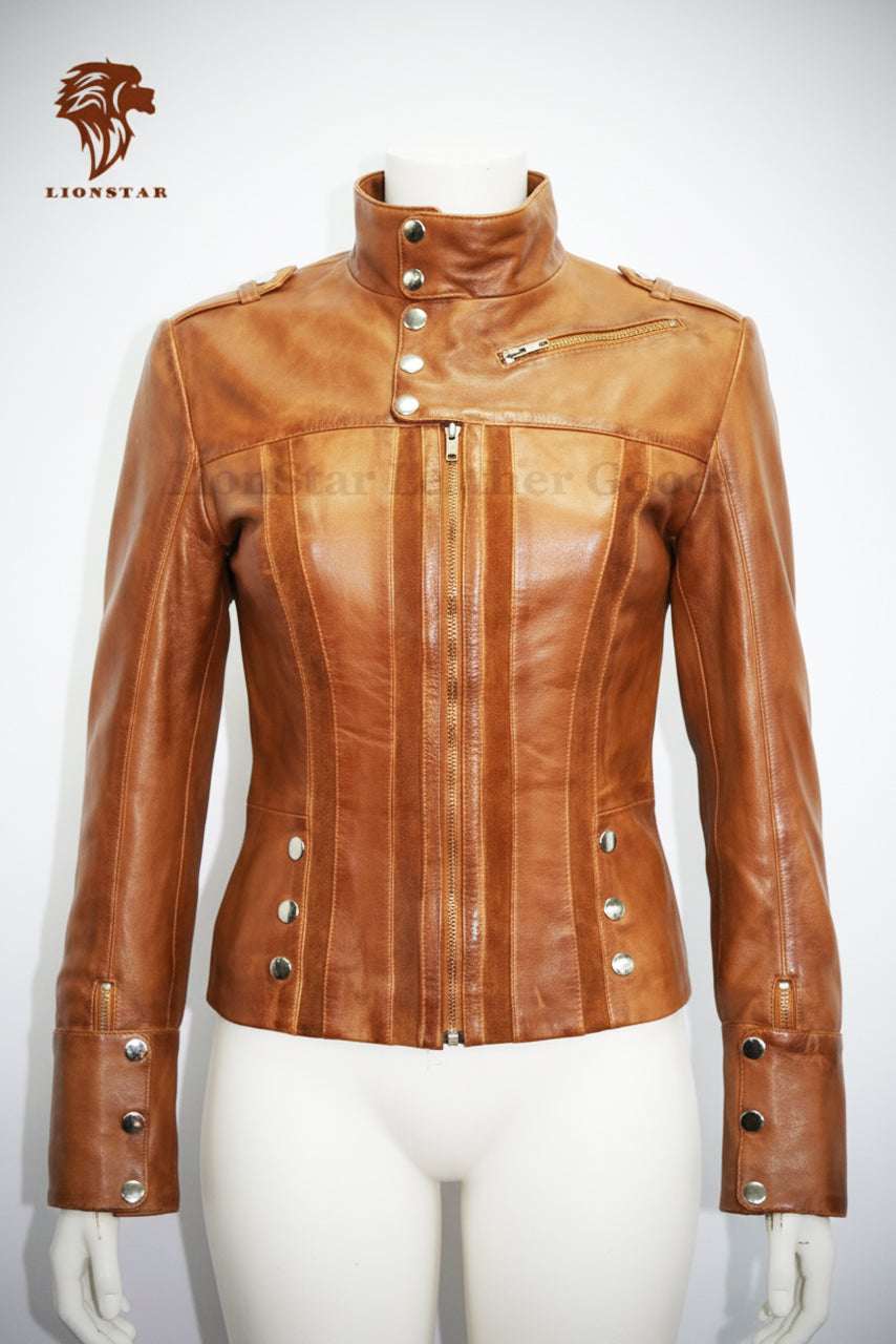 Brown leather jacket on a mannequin against a white background