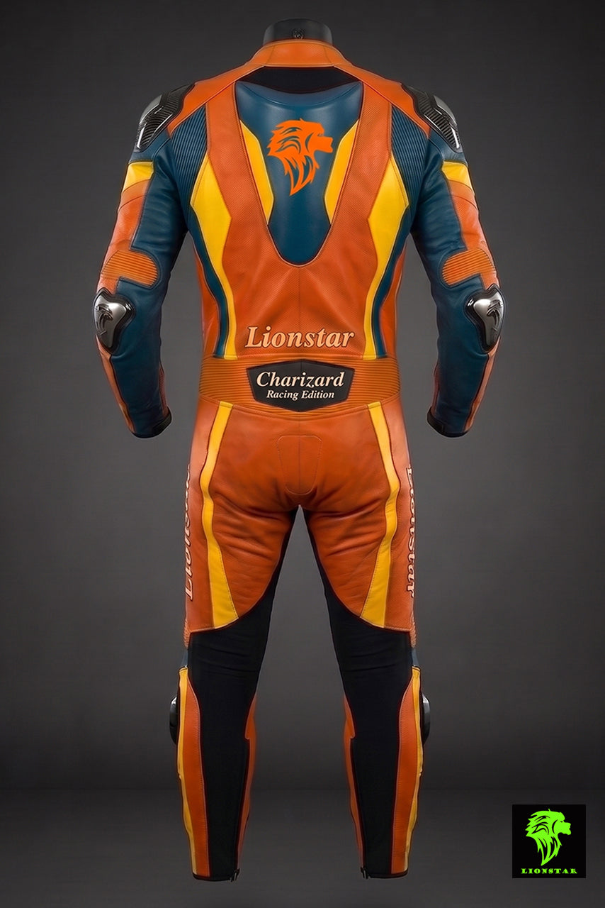 Orange and blue racing suit with Lionstar branding on a dark background