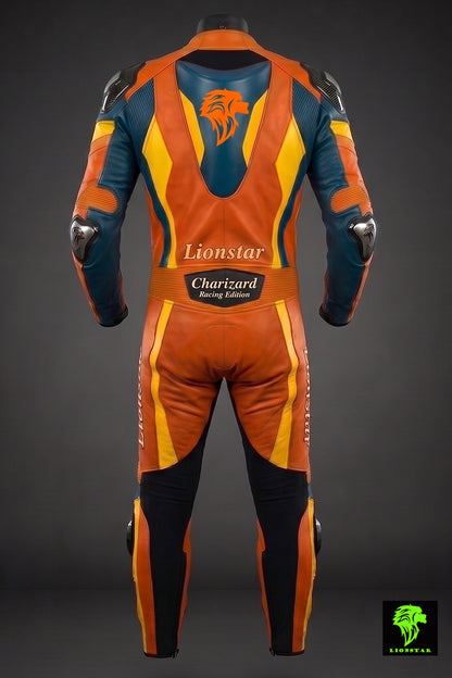 Orange and blue racing suit with Lionstar branding on a dark background
