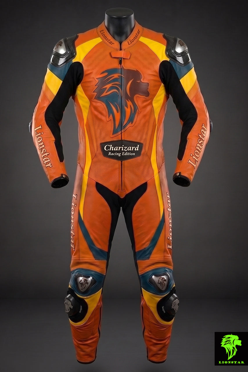 Orange racing suit with Charizard design on a dark background