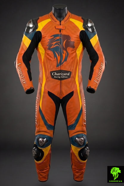 Orange racing suit with Charizard design on a dark background