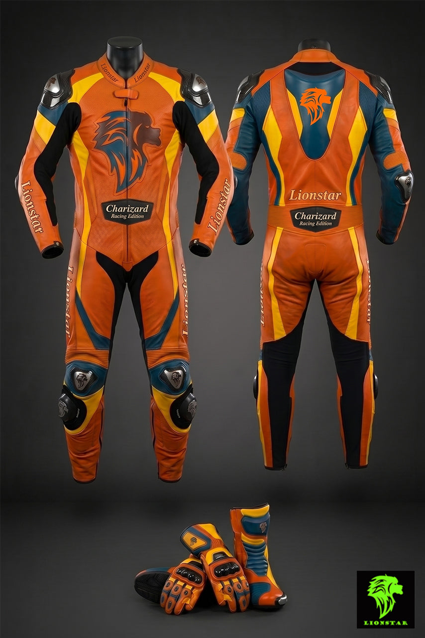 Orange and black motorcycle racing suit with Lionstar and Charizard branding on a dark background.