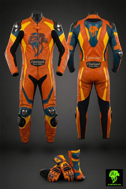 Orange and black motorcycle racing suit with Lionstar and Charizard branding on a dark background.