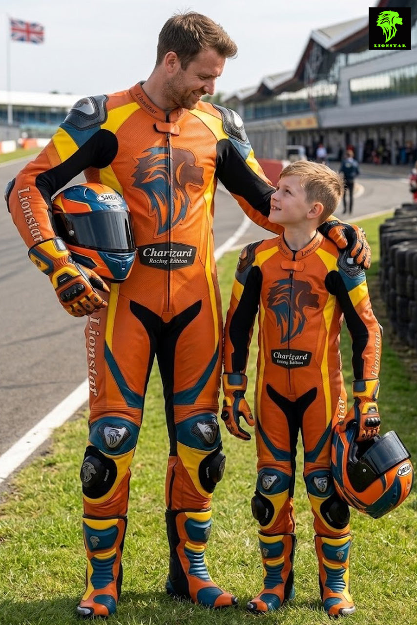Two people in matching orange racing suits with Lionstar Charizard Racing Edition on a race track.
