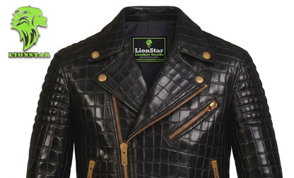 LionStar Men's Crocodile-Embossed Real Cowhide Leather Biker Jacket