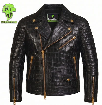 LionStar Men's Crocodile-Embossed Real Cowhide Leather Biker Jacket