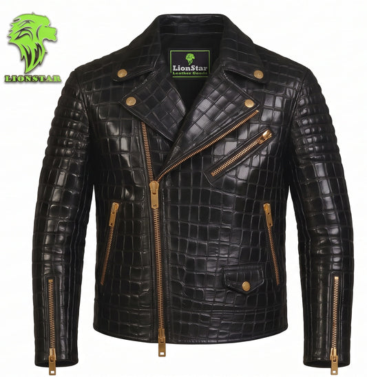 Black crocodile-embossed leather motorcycle jacket with gold-tone zippers and snaps, shown on a white background with a LionStar logo.