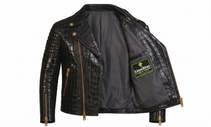 LionStar Men's Crocodile-Embossed Real Cowhide Leather Biker Jacket
