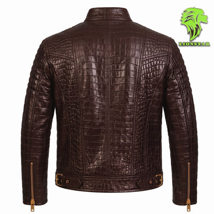 LionStar Men's Crocodile-Embossed Real Cowhide Leather Biker Jacket