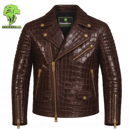 LionStar Men's Crocodile-Embossed Real Cowhide Leather Biker Jacket