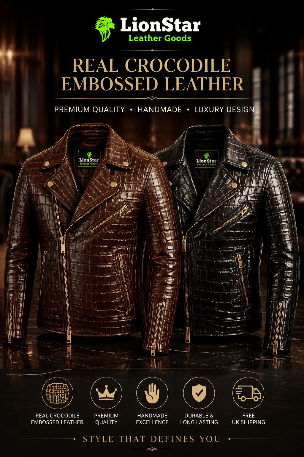 LionStar Men's Crocodile-Embossed Real Cowhide Leather Biker Jacket