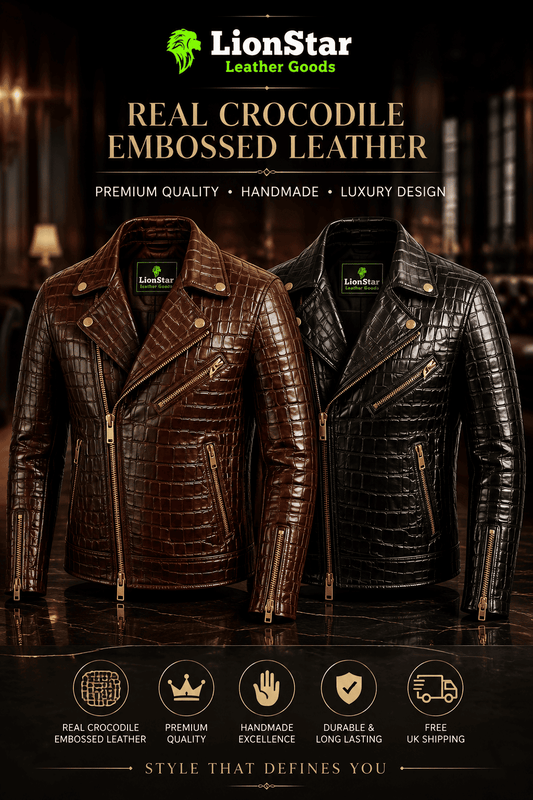 Two crocodile-embossed leather jackets, one brown and one black, displayed side-by-side in a dark, luxurious showroom setting with LionStar branding and promotional text.