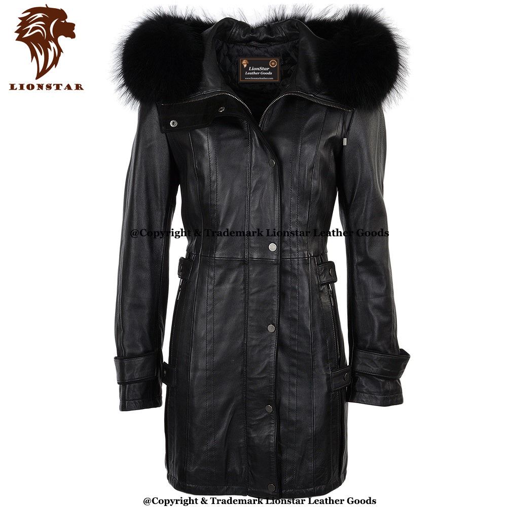 Ladies Nappa Leather Coat Detachable Fur Hood 3/4 Length Handmade Black