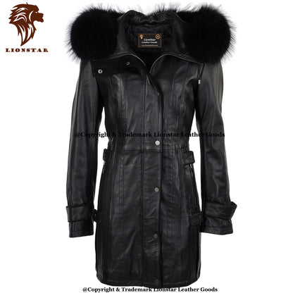 Ladies Nappa Leather Coat Detachable Fur Hood 3/4 Length Handmade Black