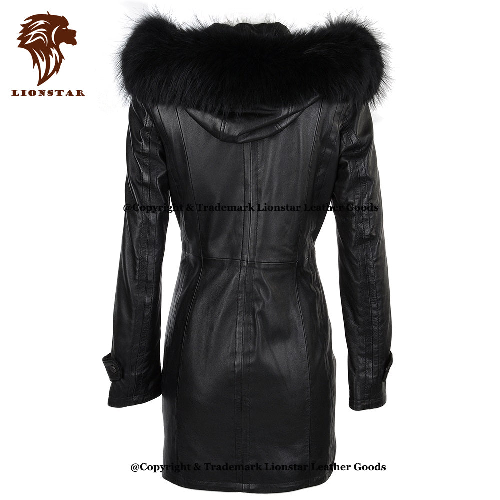 Ladies Nappa Leather Coat Detachable Fur Hood 3/4 Length Handmade Black