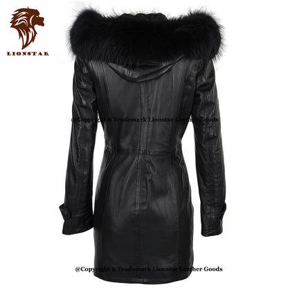 Ladies Nappa Leather Coat Detachable Fur Hood 3/4 Length Handmade Black