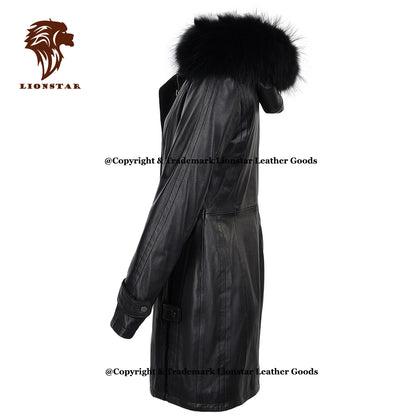 Ladies Nappa Leather Coat Detachable Fur Hood 3/4 Length Handmade Black