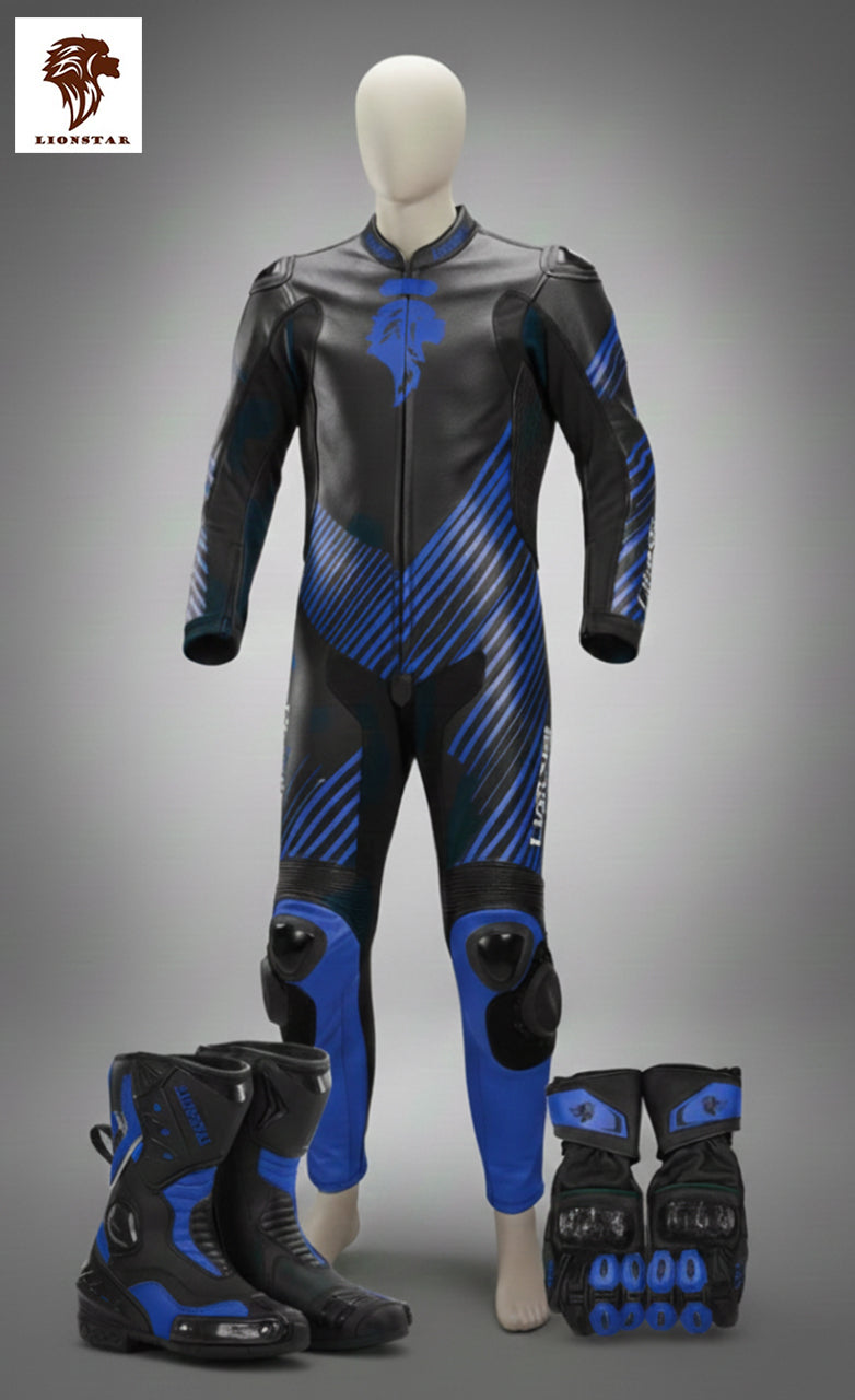 Black and blue motorcycle suit with boots on a gray background