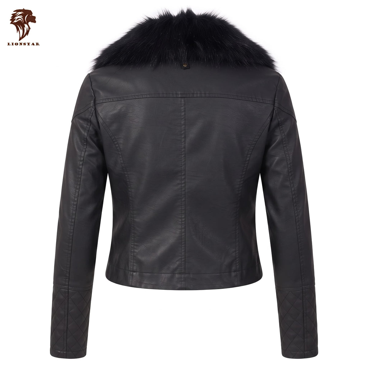 Black leather cropped jacket with a fluffy black fur collar, shown from the back on a white background with a Lionstar logo in the top-left corner.