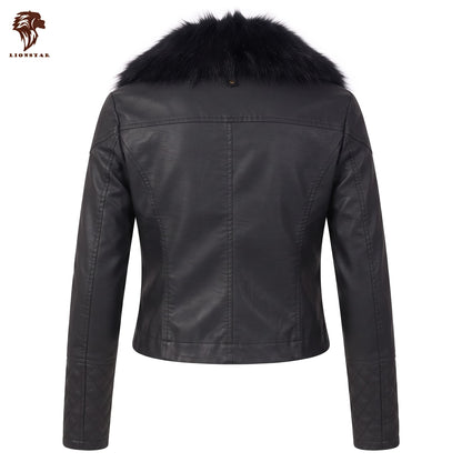 Black leather cropped jacket with a fluffy black fur collar, shown from the back on a white background with a Lionstar logo in the top-left corner.