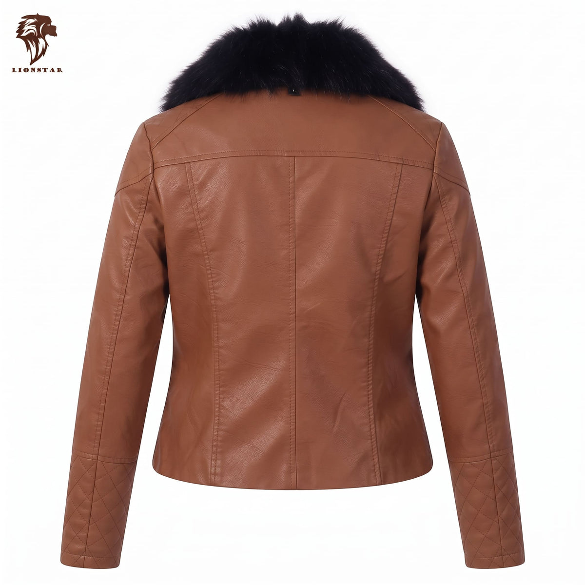 A brown leather jacket with a black fur collar, shown from the back on a white background with a brand logo in the top left corner.