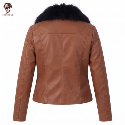 A brown leather jacket with a black fur collar, shown from the back on a white background with a brand logo in the top left corner.