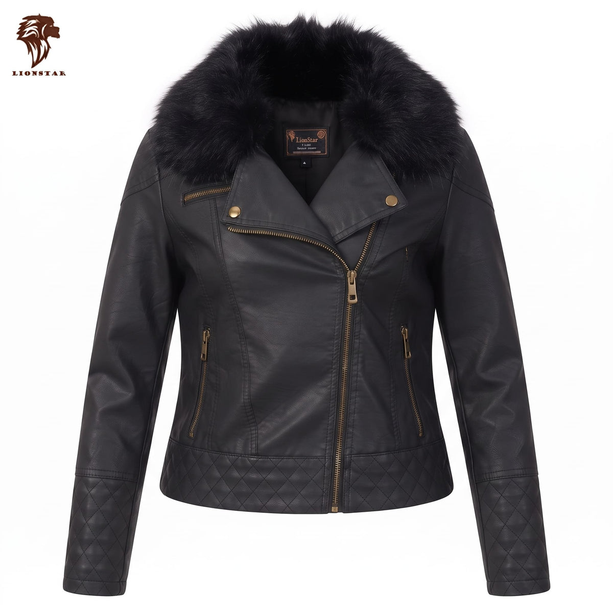Black leather moto jacket with a large black fur collar, gold-tone zipper, and quilted sleeve panels, shown on a plain white background with a Lionstar logo in the top-left corner.