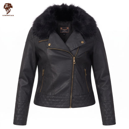 Black leather moto jacket with a large black fur collar, gold-tone zipper, and quilted sleeve panels, shown on a plain white background with a Lionstar logo in the top-left corner.