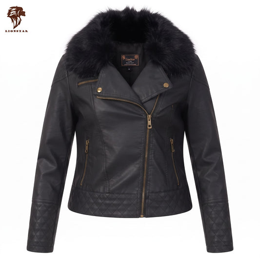 Black leather moto jacket with a large black fur collar, gold-tone zipper, and quilted sleeve panels, shown on a plain white background with a Lionstar logo in the top-left corner.