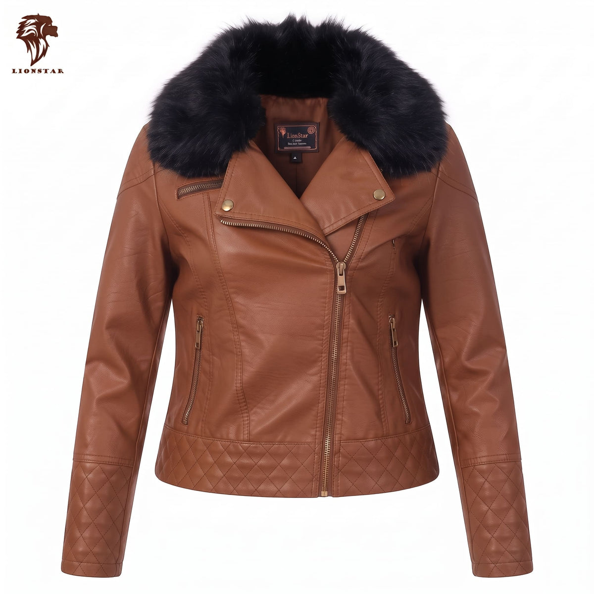 A women's brown leather jacket with a black faux fur collar, featuring an asymmetrical zipper, quilted side panels, and gold-tone hardware. The brand logo 'LIONSTAR' is visible in the top-left corner.