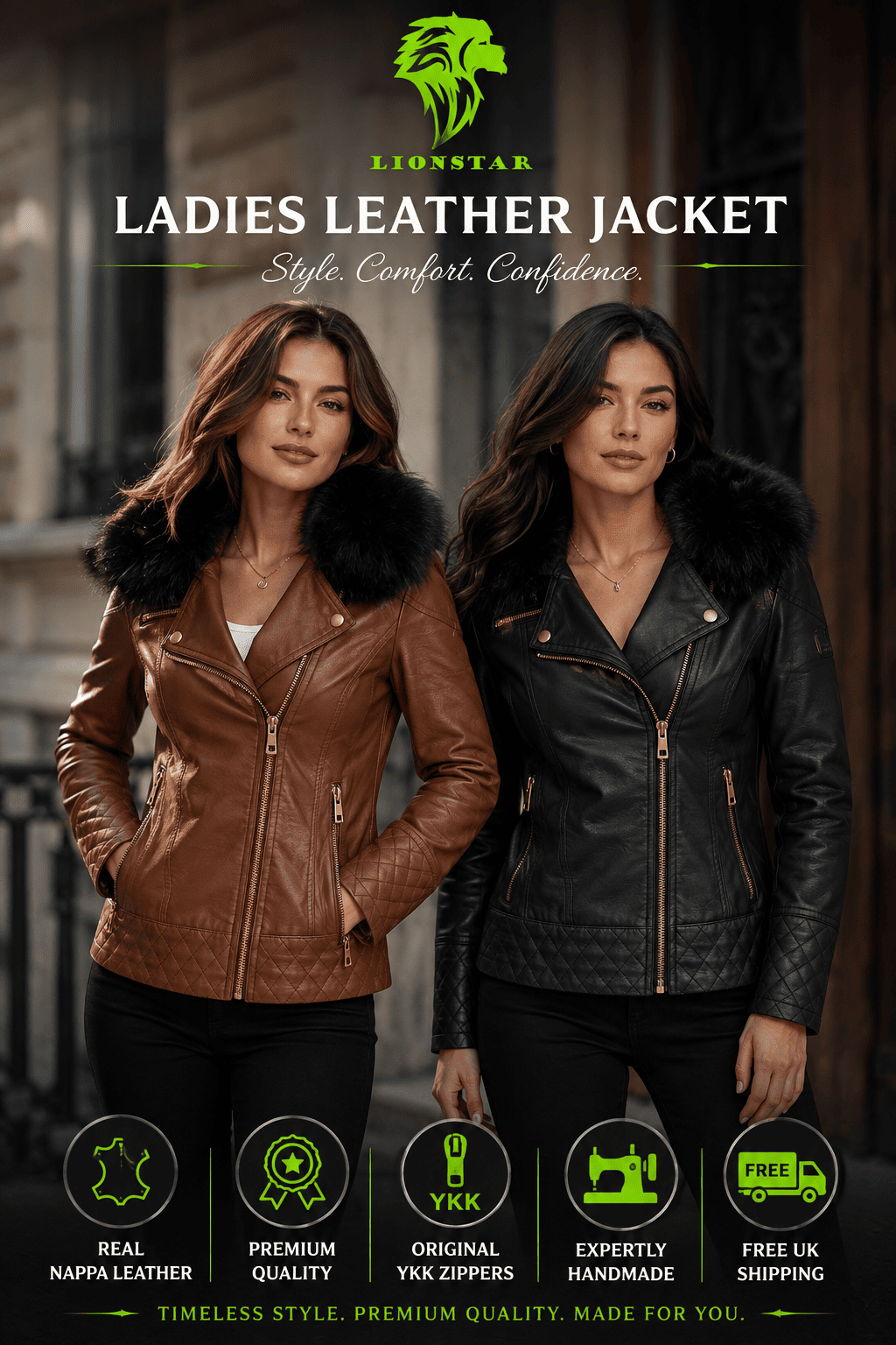 Two women modeling Lionstar leather jackets in a promotional banner. The woman on the left wears a brown leather jacket with black fur trim, and the woman on the right wears a black leather jacket with a black fur collar.