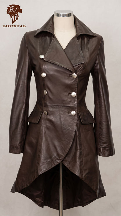 A dark brown real sheep leather double-breasted coat with silver buttons, displayed on a mannequin torso. The Lionstar brand logo is visible in the top left corner.