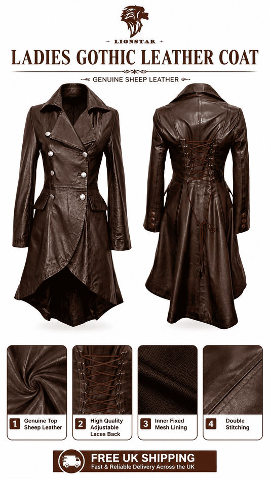 Lionstar Ladies Gothic Leather Coat shown from the front and back in dark brown leather, with four feature callout panels below highlighting genuine sheep leather, adjustable lace-up back, inner mesh lining, and double stitching. Text at top reads 'LADIES GOTHIC LEATHER COAT' and a shipping banner appears at the bottom.