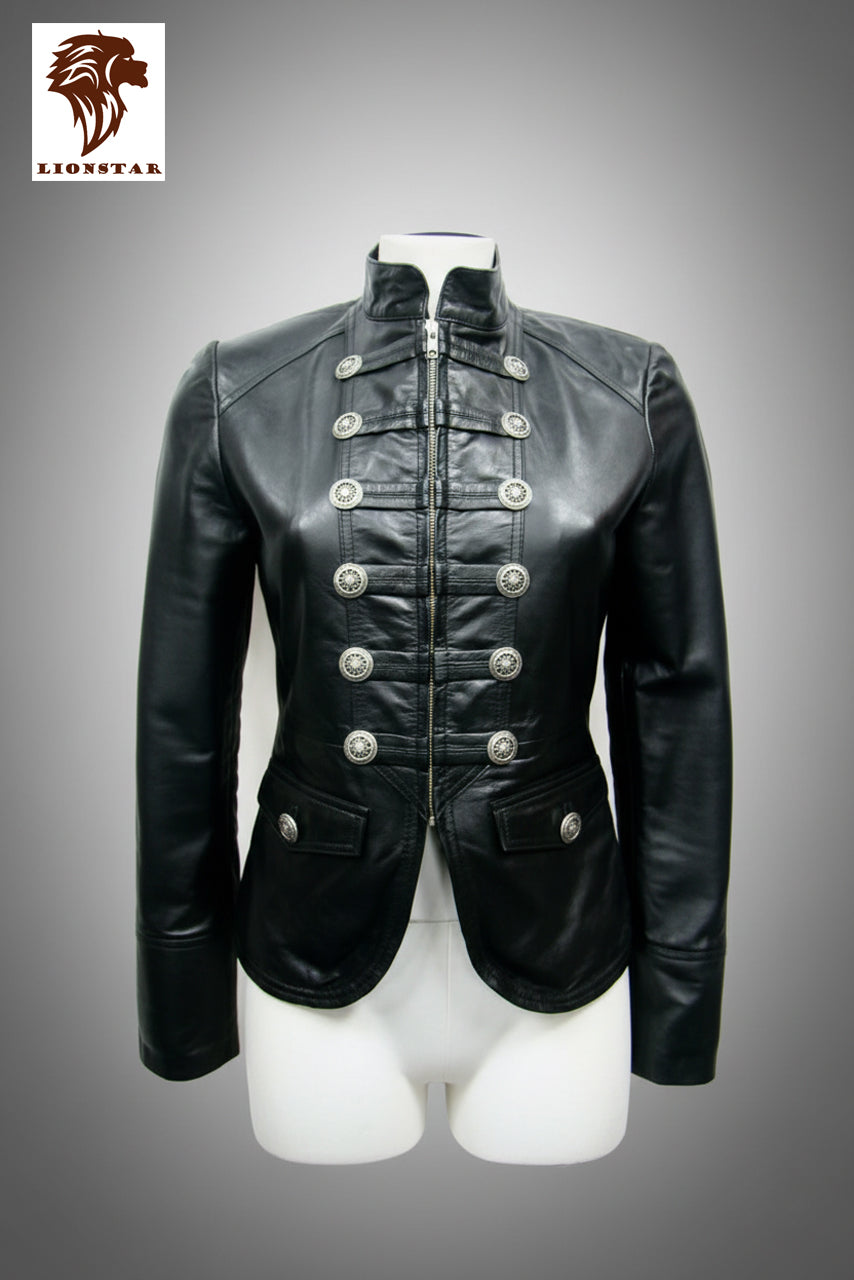 Black leather jacket with silver buttons on a mannequin against a gray background, featuring the Lionstar brand logo.