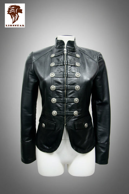 Black leather jacket with silver buttons on a mannequin against a gray background, featuring the Lionstar brand logo.