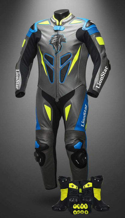 Lionstar Apex Kids Leather Mini Moto Racing Suit in black and yellow set with CE approved armor