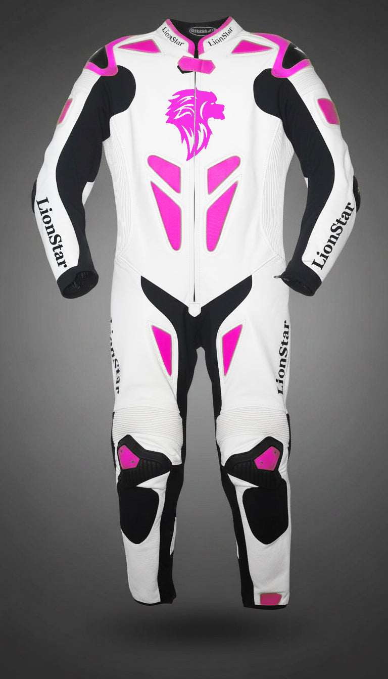 Lionstar Apex Kids Leather Mini Moto Racing Suit in white and pink with CE approved armor