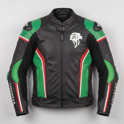 Lionstar Italian Flag Racing Motorcycle Leather Jacket Cowhide CE Armour