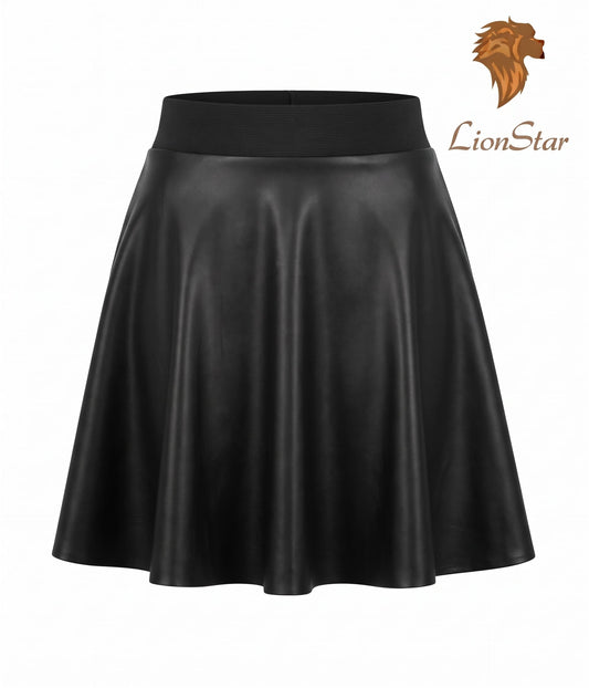 A black real leather A-line mini skirt with a wide elastic waistband, shown against a plain white background with a LionStar brand logo in the top right corner.