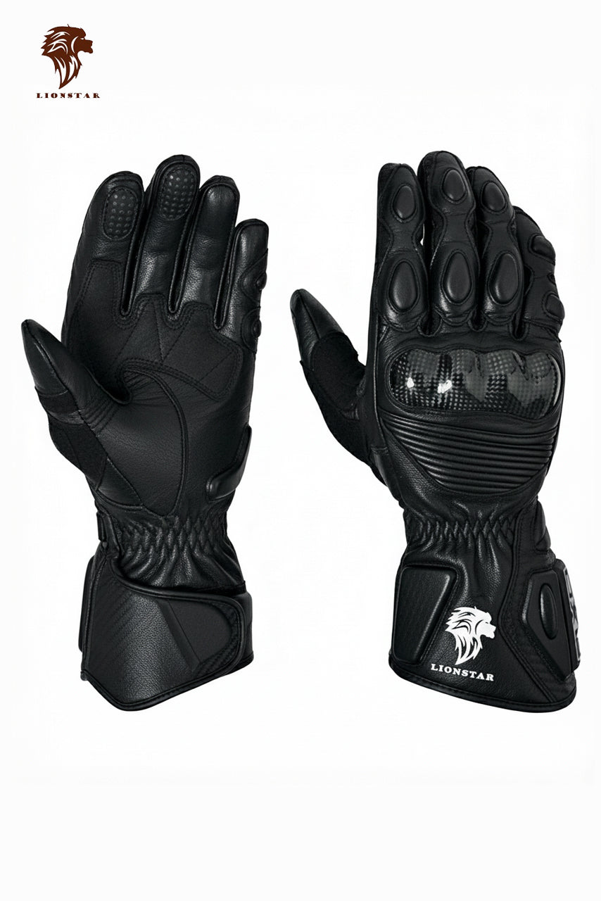 A display of Lionstar Apex leather motorcycle gloves in black color, featuring CE-approved armor for kids and adult riders